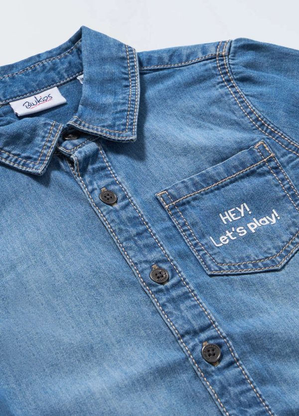 Cămașă din denim pentru copii cu mesaj "HEY! Let's play!"